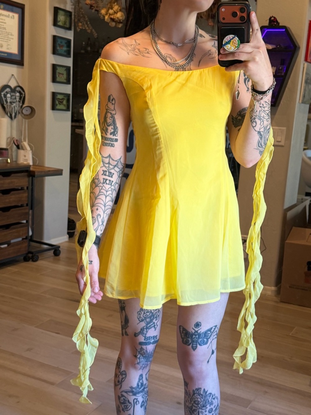 Fashion Nova Yellow Off-Shoulder Mini Dress with Draped Sleeve Ties
